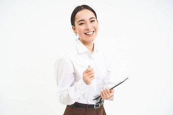 美丽的亚洲女人企业家数字平板电脑工作业务项目领先的会议笔记设备白色背景