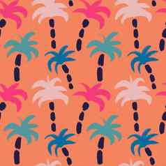 手画无缝的模式粉红色的蓝色的棕榈树橙色背景热带岛海滩夏天打印沿海cocnut树景观设计明亮的艺术