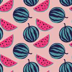 手画无缝的模式粉红色的蓝色的西瓜水果色彩斑斓的热带食物明亮的夏天假期背景多汁的自然植物设计古董复古的