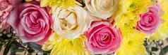 美丽的夏天横幅网站花束明亮的花花束粉红色的玫瑰菊花康乃馨自然背景设计师祝贺现在概念