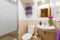舒适的浴室厕所。。。水槽镜子毛巾花酒店房间旅行概念五星级酒店小舒适的浴室