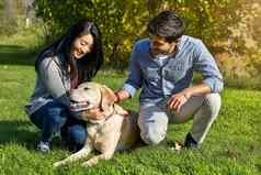 爱的小狗带来了更紧密的爱的年轻的夫妇采取狗走公园