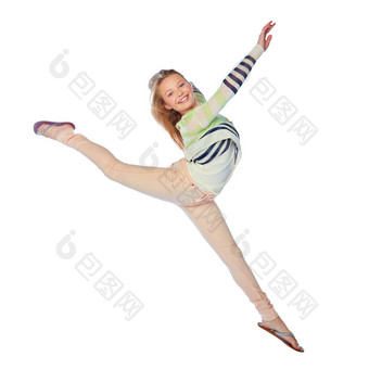日益增长的飞跃<strong>界限</strong>工作室拍摄年轻的女孩跳快乐白色背景