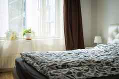 卧室室内明亮的卧室室内宽床上室内公寓阁楼有家具的卧室舒适的模块化休息室套房现代室内室内植物房子植物
