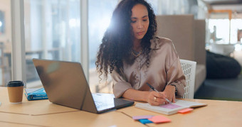 思考愿景业务黑色的女人移动PC桌子上在线项目规划研究头脑风暴问题解决女员工笔记本时间表目标策略