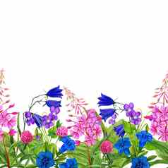 水彩无缝的边境粉红色的蓝色的花