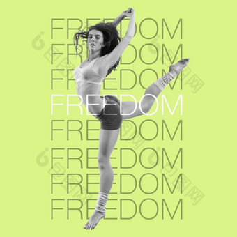 女人跳舞自由单词动机覆盖健身舞者跳鼓舞人心的<strong>海报</strong>绿色背景能源<strong>免费</strong>的跳舞肖像行动锻炼文本