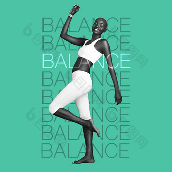 黑色的女人平衡健身动机单词覆盖瑜伽身体护理鼓舞人心的海报绿色背景能源锻炼普拉提幸福锻炼文本