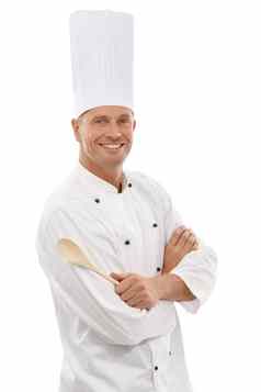 肖像法国老板勺子微笑信心咖啡馆老板孤立的白色背景快乐执行烹饪烹饪餐厅折扣交易菜单特殊的促销活动工作室