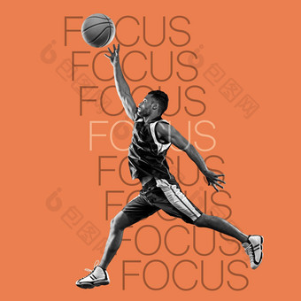 篮球运动员男人。单词动机焦点覆盖跳鼓舞人心的海报橙色背景健身能源球培训锻炼行动文本