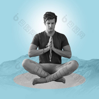 Zen冥想男人。海报山蓝色的背景瑜伽构成平衡艺术广告有创意的拼贴画设计健康健康平静精神上的生活方式工作室模拟