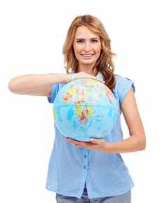 微笑肖像女人全球工作室全球地图地理位置地球一天快乐教育女老师世界地球模型教训孤立的白色背景