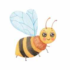 可爱的微笑字符蜜蜂孤立的白色有趣的昆虫孩子们水彩卡通插图