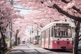 粉色<strong>日式</strong>樱花电车街道植物富士