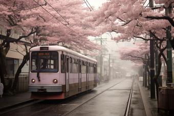粉色日式樱花电车街道<strong>花瓣</strong>花朵