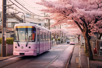 粉色日式樱花电车街道<strong>花瓣</strong>浪漫