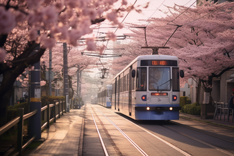 粉色<strong>日式</strong>樱花电车街道花瓣日剧