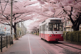 粉色<strong>日式</strong>樱花电车街道植物可爱