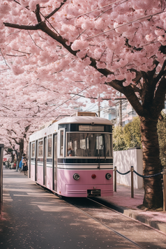 粉色日式樱花电车街道摄影图14