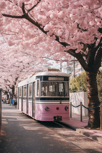 粉色日式樱花电车街道<strong>花瓣</strong>植物