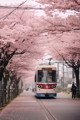 <strong>粉色</strong>日式樱花电车街道摄影图8