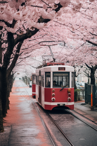 <strong>粉色</strong>日式樱花电车街道花朵植物