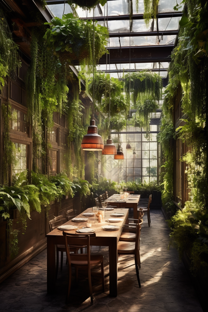 绿色自然主题餐厅植物生机