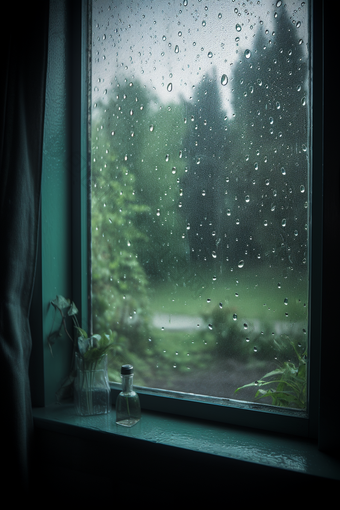 绿色调雨天窗户高清水珠起雾