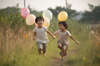 孩子追逐气球玩耍儿童奔跑