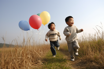 孩子追逐气球玩耍打闹草坪