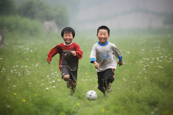 孩子踢足球玩耍儿童奔跑