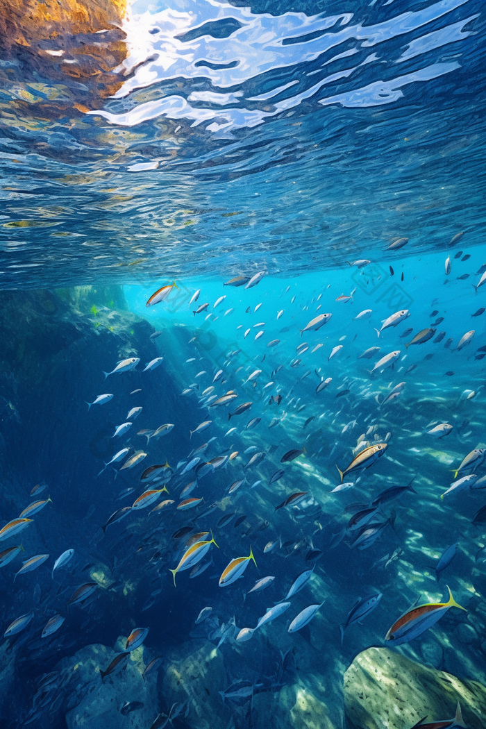 蓝色海洋鱼类海底世界礁石光线