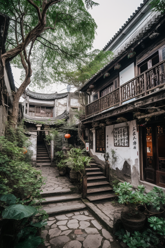 中国古风古镇建筑城楼植物
