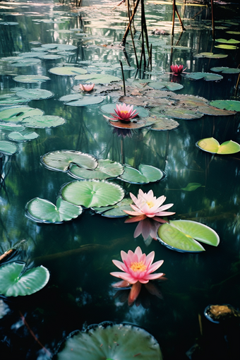 唯美深色池塘睡莲油画风植物