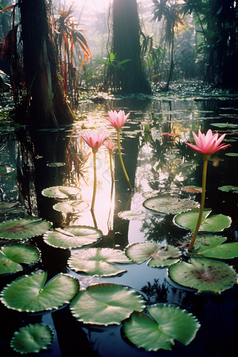 唯美深色池塘睡莲油画风小莲花