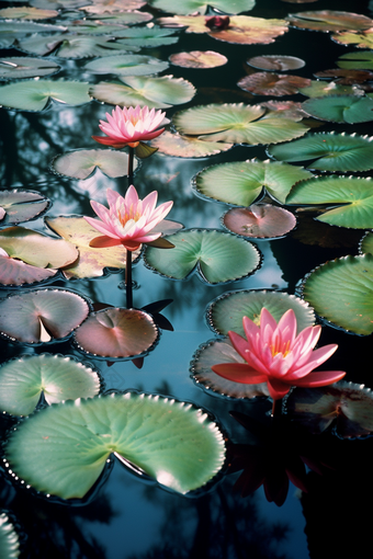 唯美深色池塘睡莲油画风荷塘