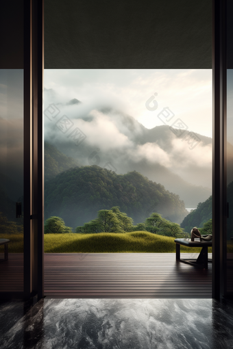 阳台窗外的自然风景山区情绪