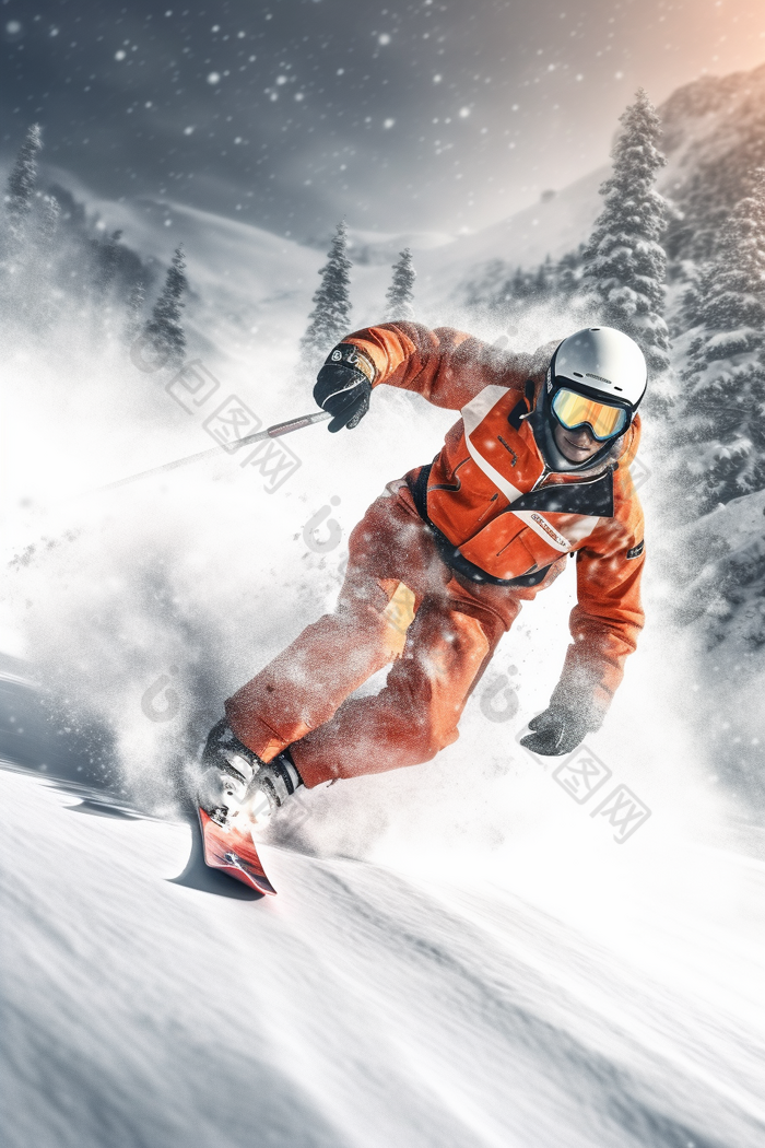 极限运动高山滑雪人像森林雪花