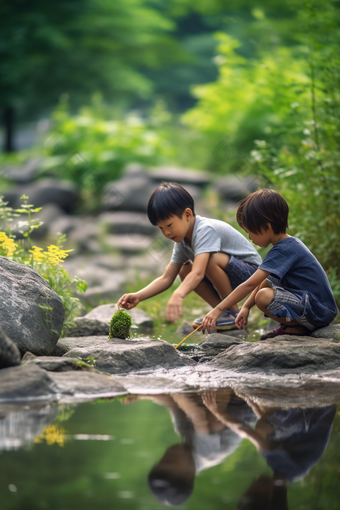 夏天儿童溪水打闹<strong>孩子玩耍</strong>