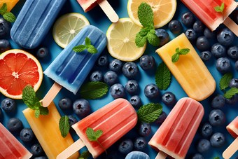 夏日冰棒雪糕水果冰块色彩斑斓的蓝莓
