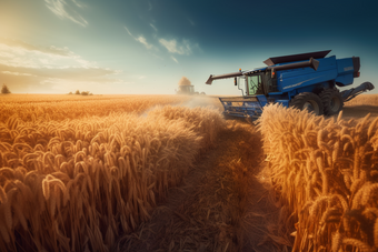 现代化农业生产机械在农田里操作土地稻田