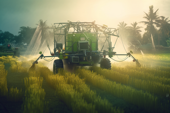 现代化<strong>农业生产</strong>机械在农田里操作作业工作