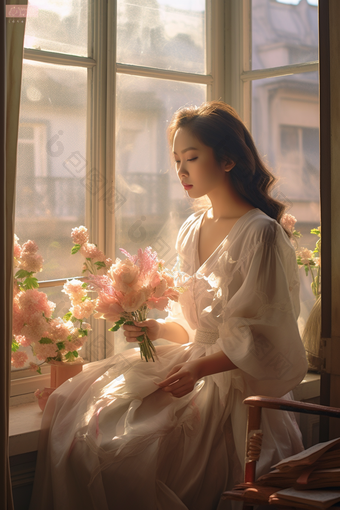 坐在窗户旁的女子唯美<strong>花瓣</strong>亚洲