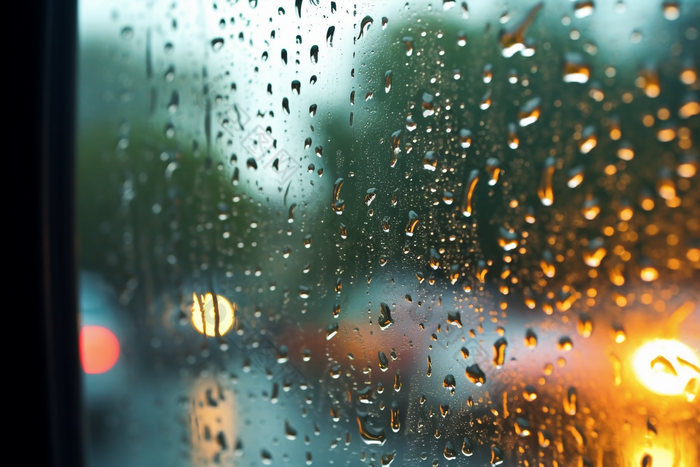 车窗上的雨滴道路虚化