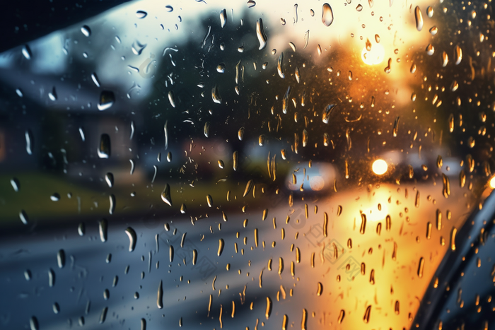 车窗上的雨滴车道雨景