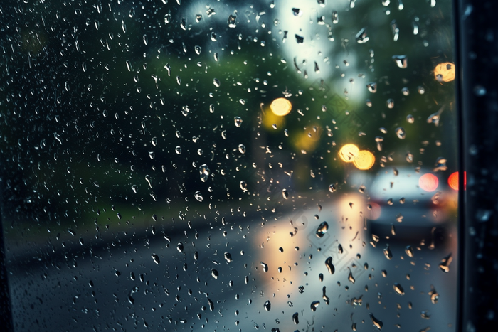 车窗上的雨滴道路雨景