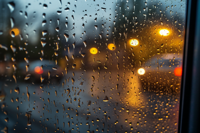 车窗上的雨滴车道雨天