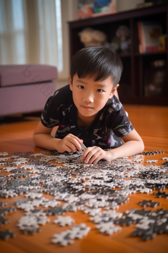 玩拼图的小男孩家中积木