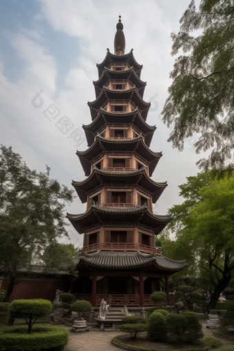 中国风塔楼建筑植物观赏