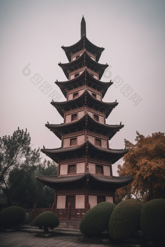 中国风塔楼建筑植物景点